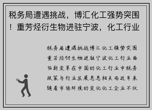 税务局遭遇挑战，博汇化工强势突围！重芳烃衍生物进驻宁波，化工行业面临新变革